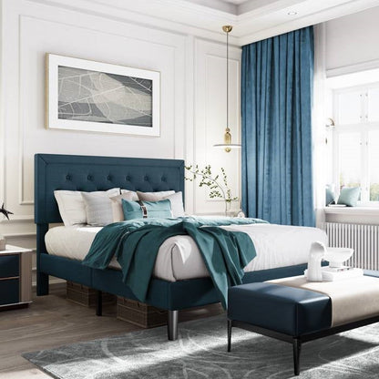 Base de cama tipo plataforma King con altura ajustable y cabecera tapizada en azul