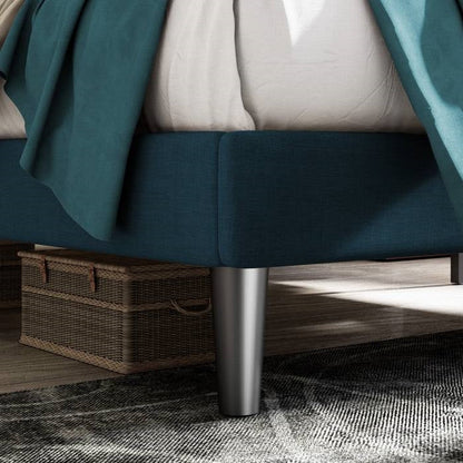 Base de cama tipo plataforma King con altura ajustable y cabecera tapizada en azul