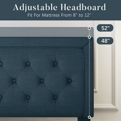 Base de cama tipo plataforma King con altura ajustable y cabecera tapizada en azul