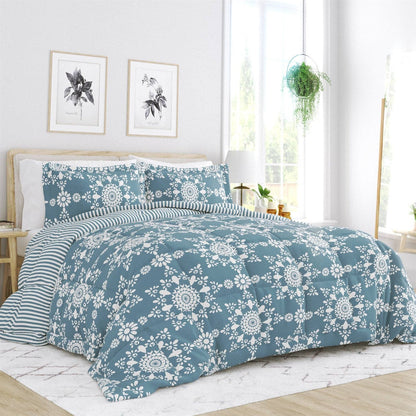 Juego de edredón floral y de rayas reversibles de 3 piezas azul y blanco tamaño king