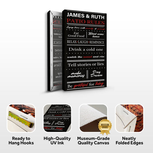 Patio Rules sign canvas by Tailored Canvases, black with white text and red accents, 2 canvases on Tampa Home & Garden Store