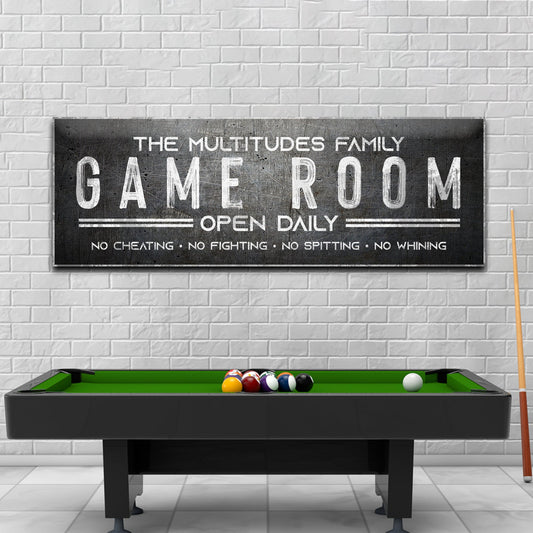Family Game Room Sign canvas with black chalkboard finish and white GAMEROOM lettering on Tampa Home & Garden Store
