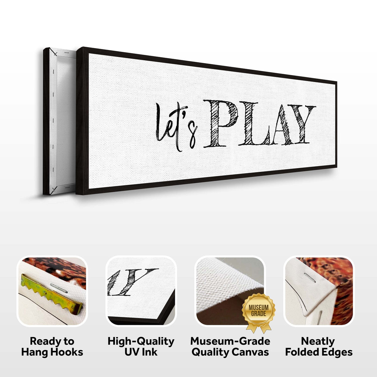 Canvas sign Let's Play by Tailored Canvases, black frame, textured white crafting canvas on Tampa Home & Garden Store