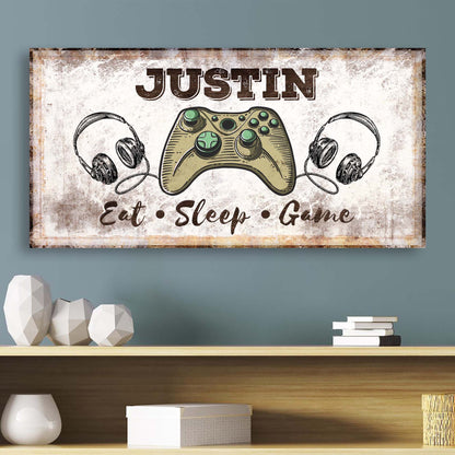 Eat Sleep Game Sign canvas by Tailored Canvases featuring a retro controller and headphones on Tampa Home & Garden Store