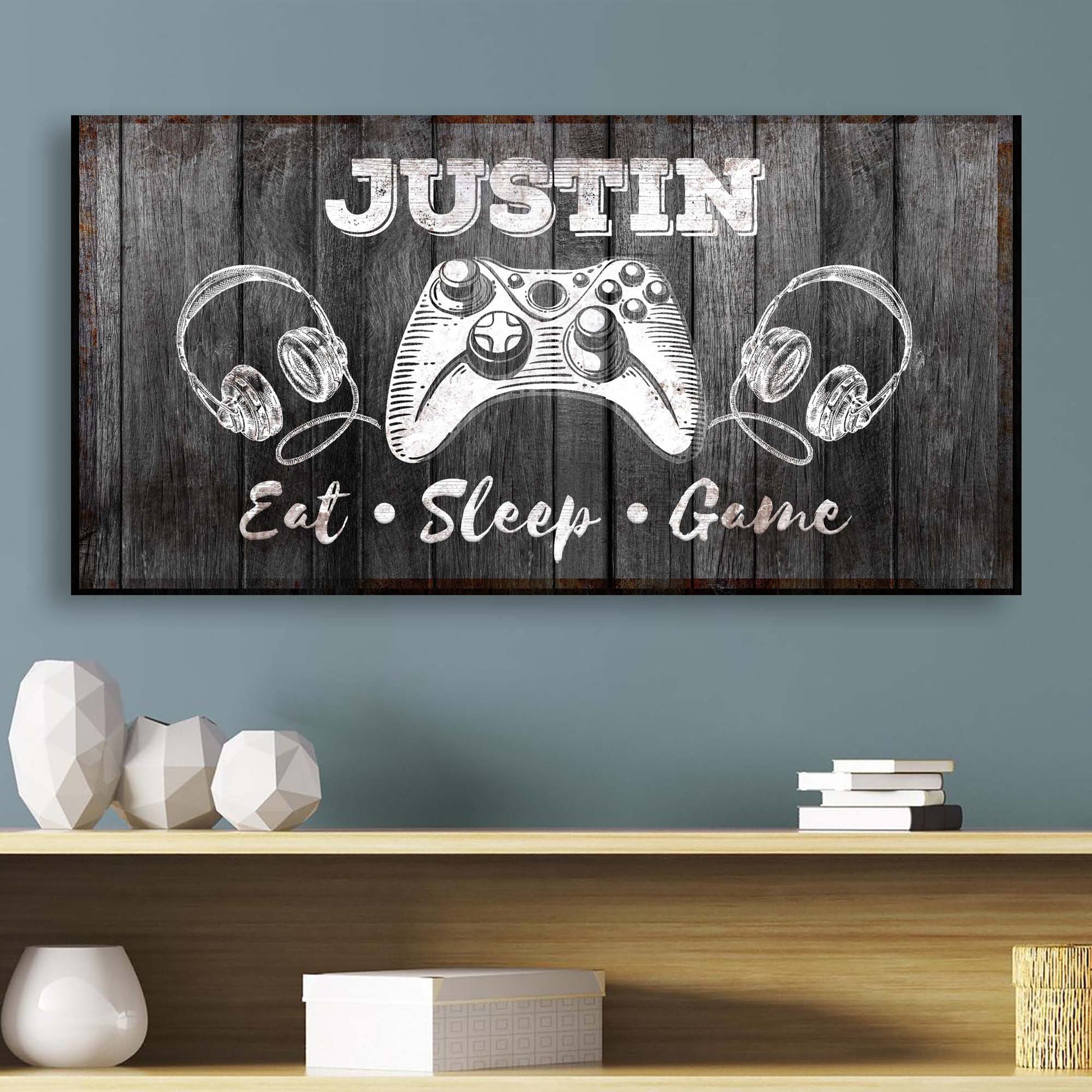 Eat Sleep Game Sign Canvas by Tailored Canvases with chalk game controller on wood backdrop on Tampa Home & Garden Store
