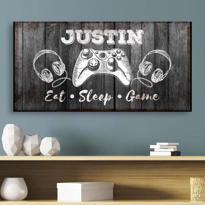 Eat Sleep Game Sign Canvas by Tailored Canvases with chalk game controller on wood backdrop on Tampa Home & Garden Store