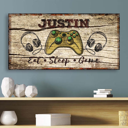 Eat Sleep Game Sign canvas with distressed wood and a gaming controller and headphones on Tampa Home & Garden Store