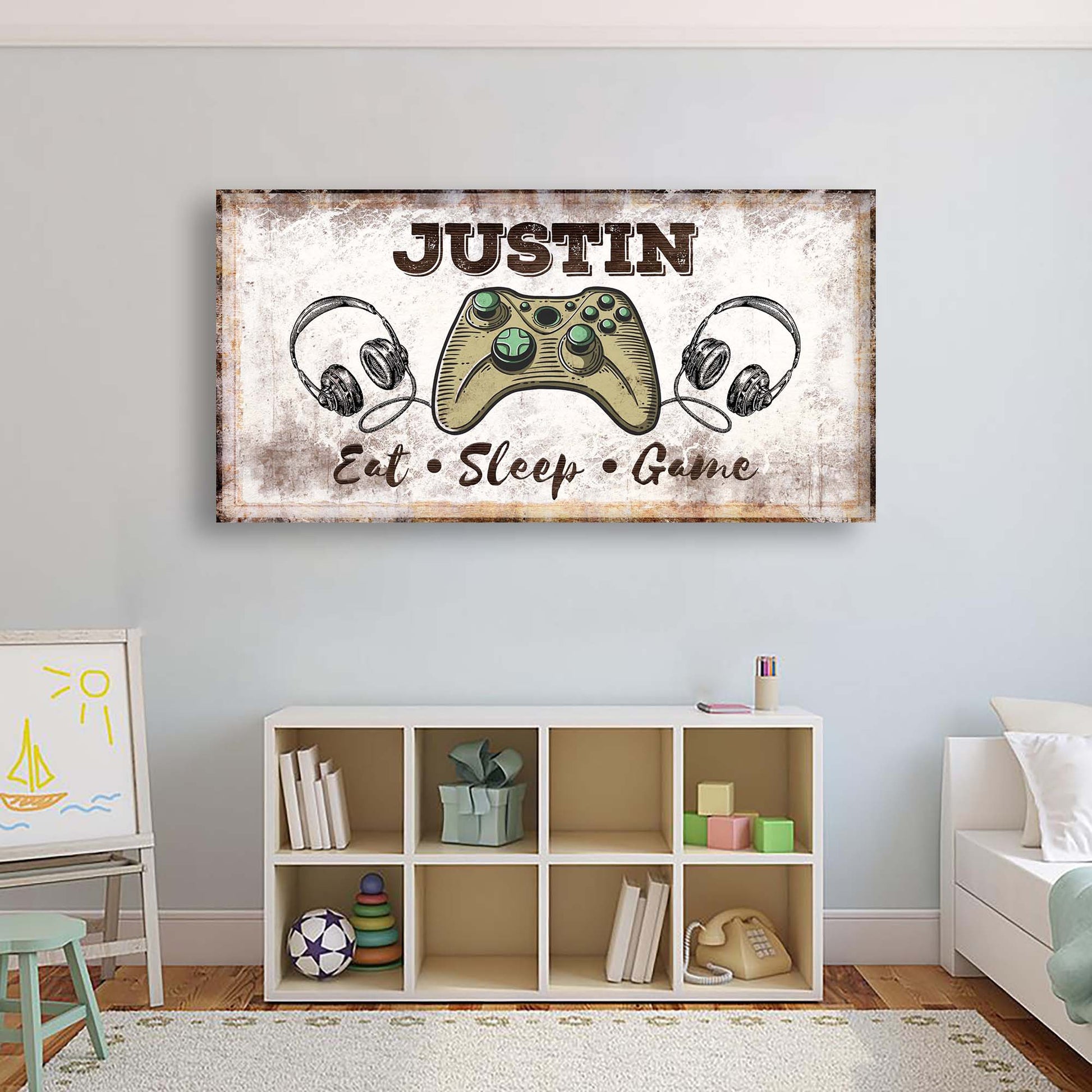 Eat Sleep Game Sign canvas Tailored Canvases with distressed frame and gaming controller on Tampa Home & Garden Store