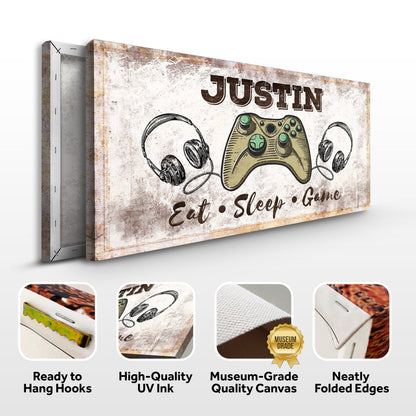Eat Sleep Game sign canvas, rustic beige with game controller design on Tampa Home & Garden Store
