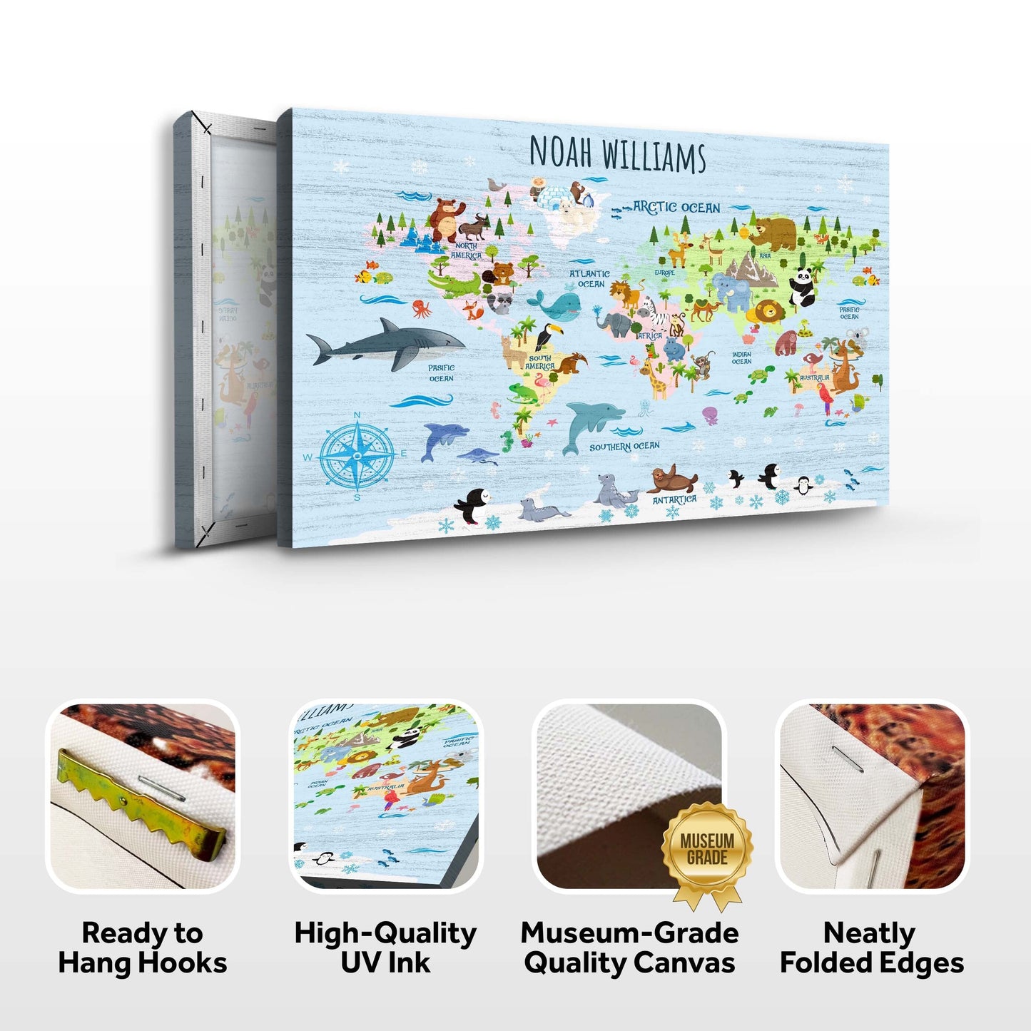 Canvas Tailored Canvases Animals And Countries Map Sign with blue world map and animals on Tampa Home & Garden Store