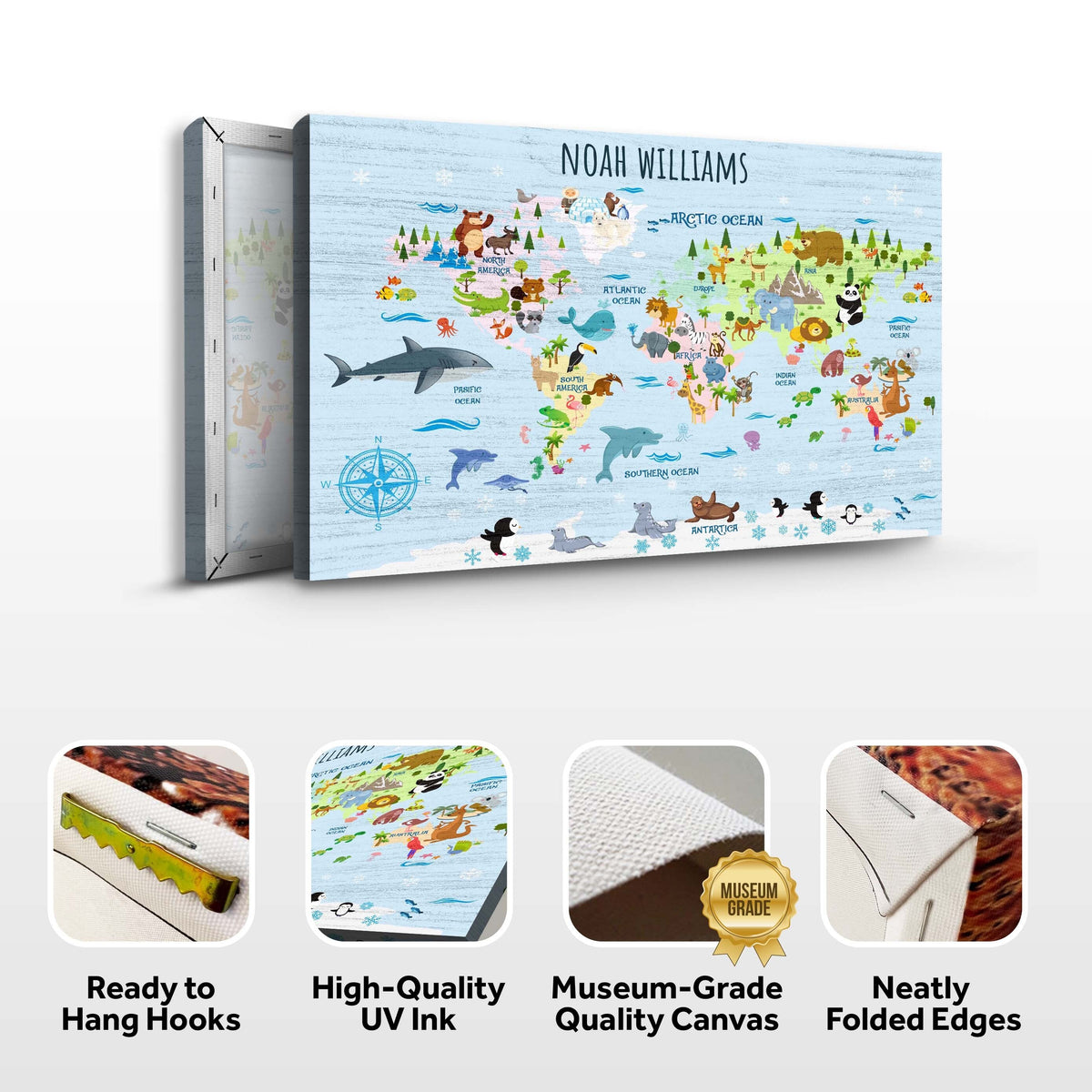 Canvas Tailored Canvases Animals And Countries Map Sign with blue world map and animals on Tampa Home & Garden Store