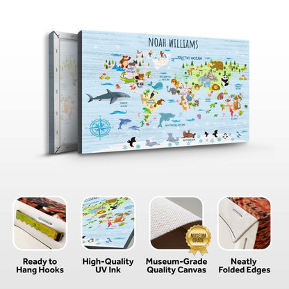 Canvas Tailored Canvases Animals And Countries Map Sign with blue world map and animals on Tampa Home & Garden Store