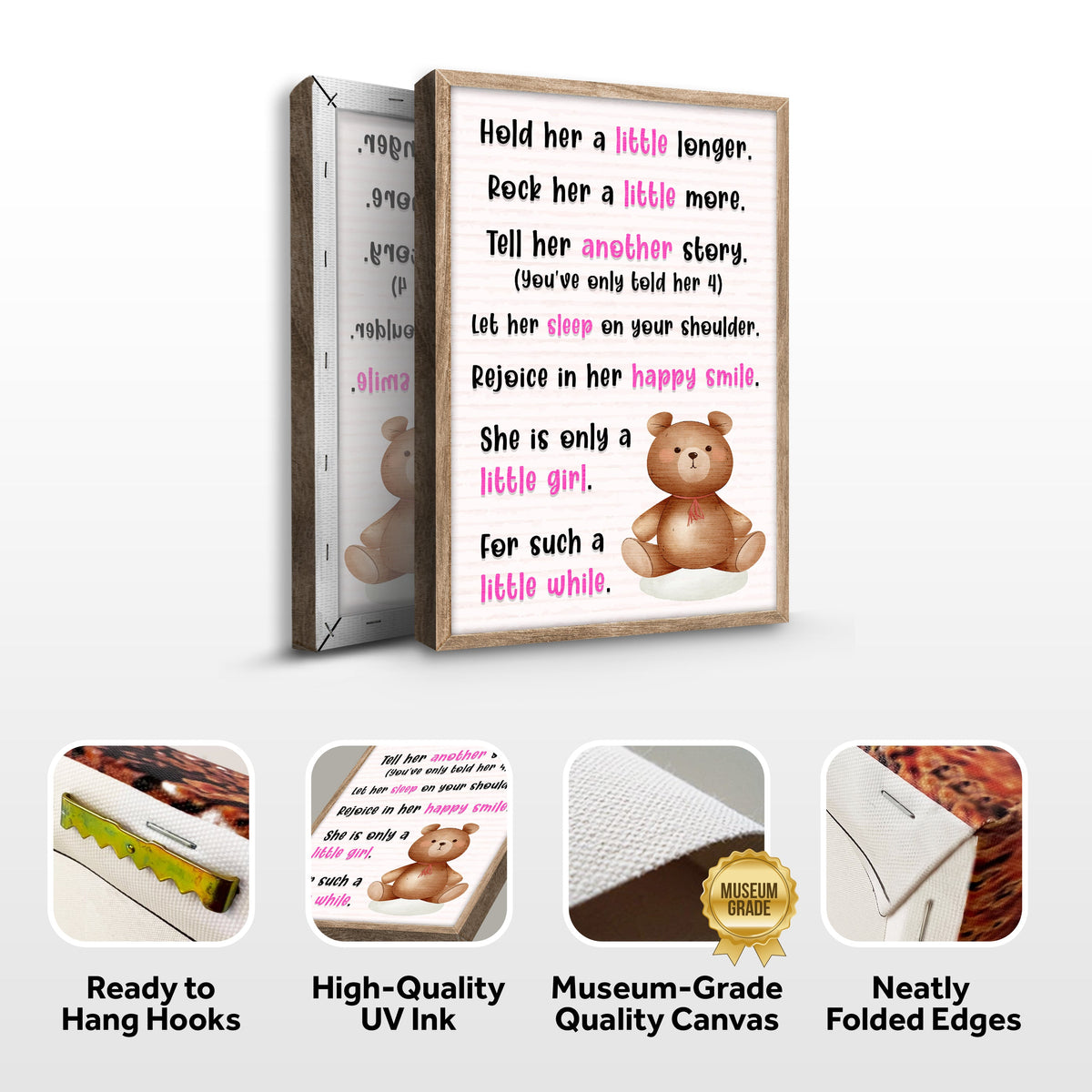 Canvas sign by Tailored Canvases with wood frame, pink highlighted words and teddy bear graphic on Tampa Home & Garden Store