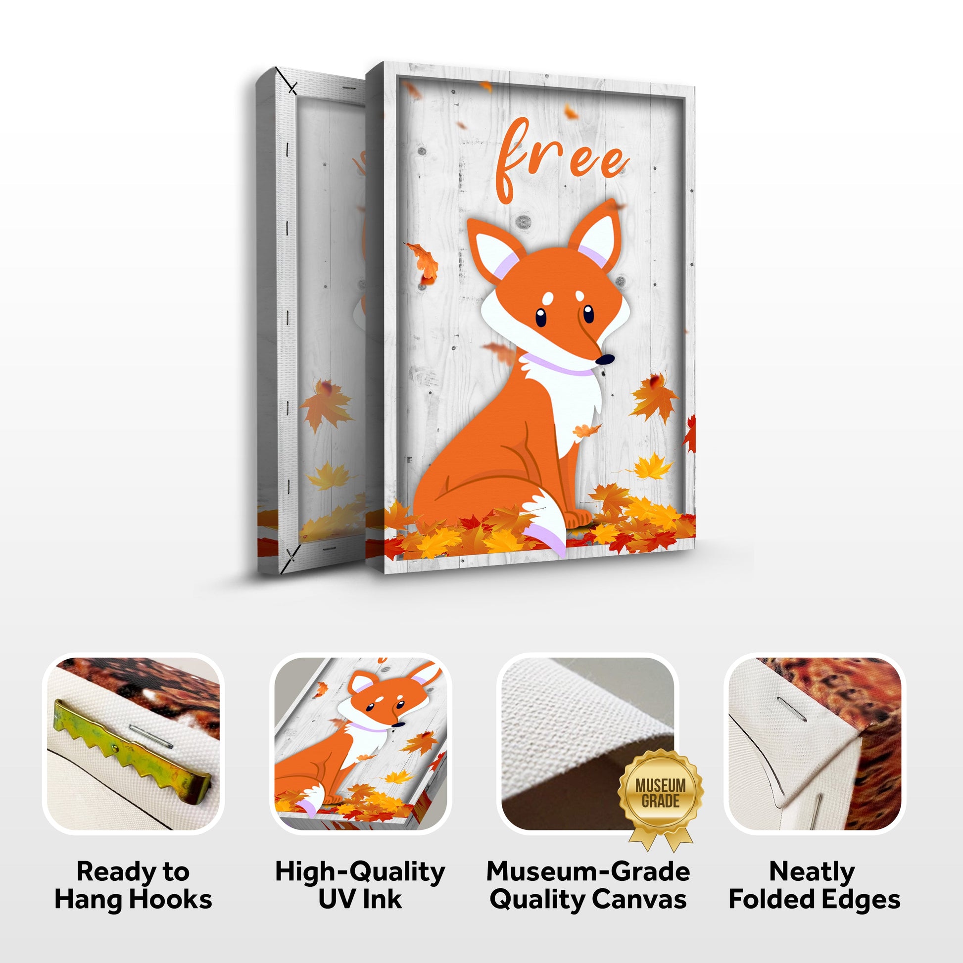 Free Fox Sign canvas by Tailored Canvases featuring an orange fox on wood with autumn leaves on Tampa Home & Garden Store