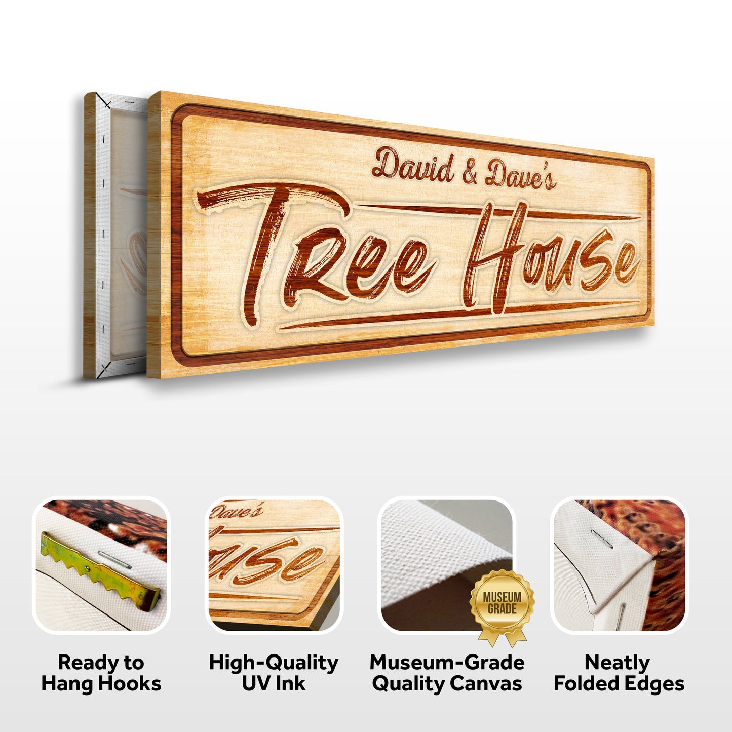 Treehouse Sign canvas by Tailored Canvases, wood-grain sign with David & Dave's Tree House on Tampa Home & Garden Store