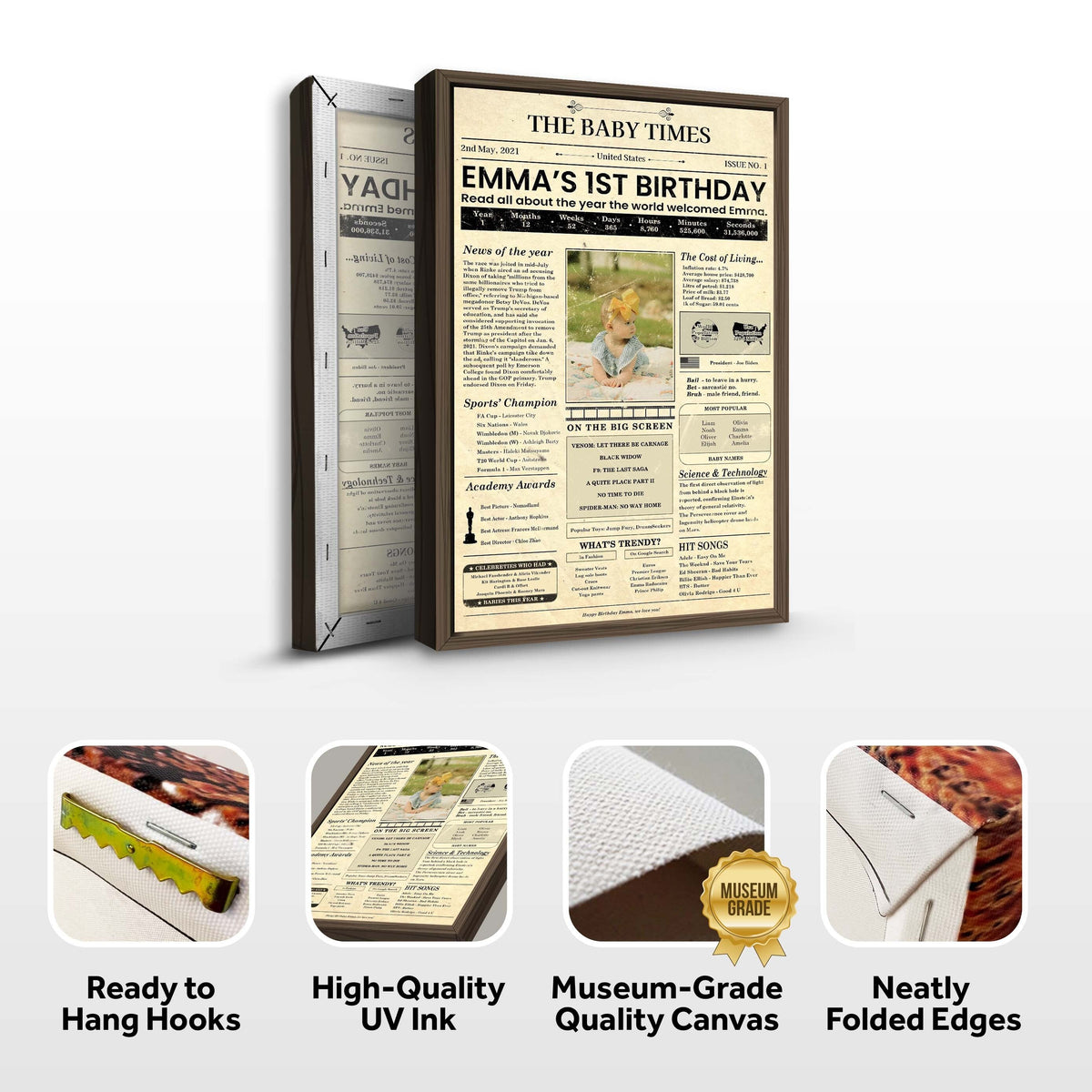 The Baby Times Sign canvas with vintage newspaper print in a wood frame Tailored Canvases on Tampa Home & Garden Store