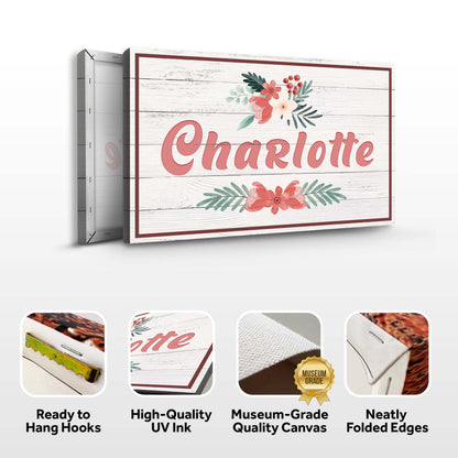 Flower Kids Room Sign canvas by Tailored Canvases, white wood, Charlotte script, floral bouquet on Tampa Home & Garden Store