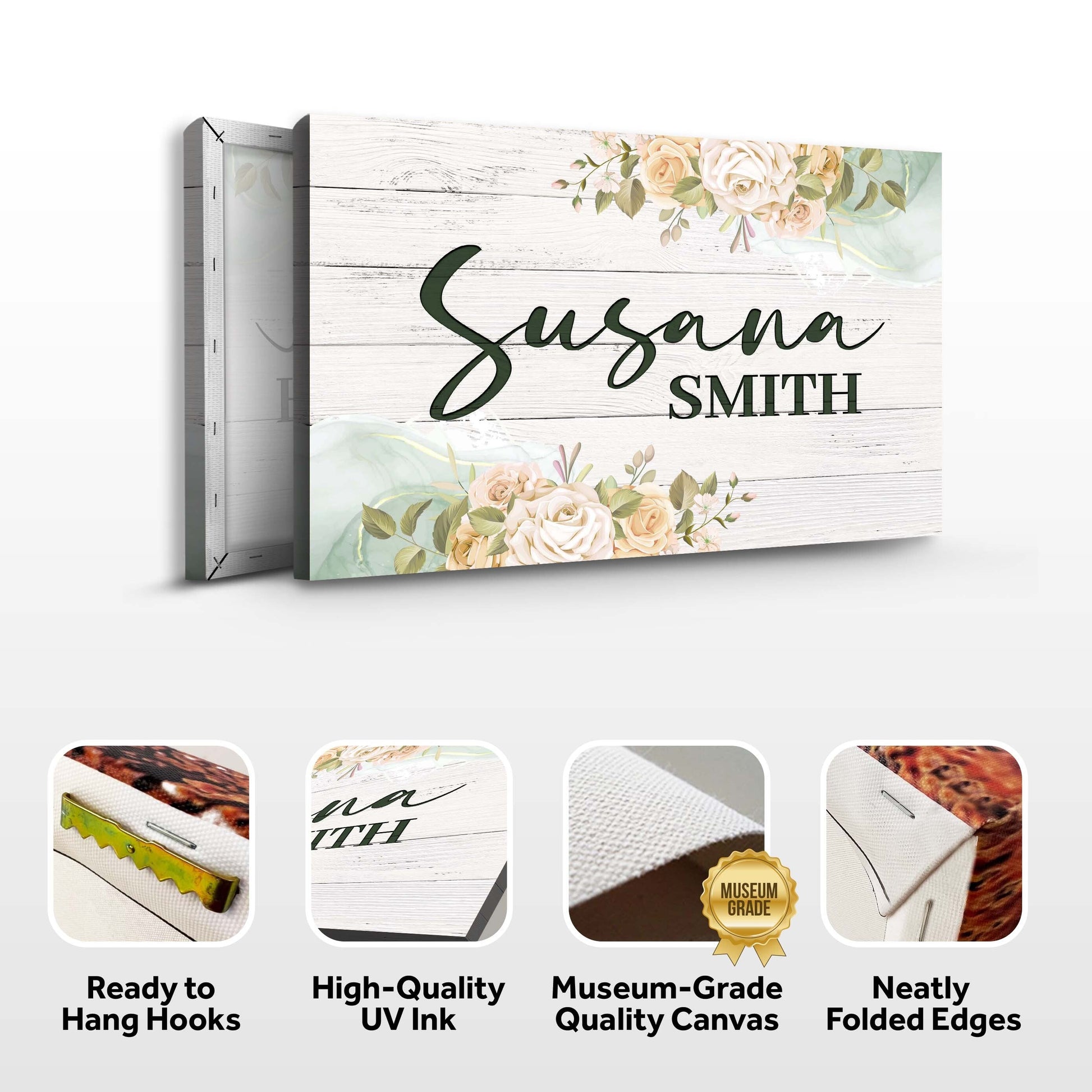 Floral Girls Room Sign Canvas with whitewashed wood and peach roses by Tailored Canvases on Tampa Home & Garden Store