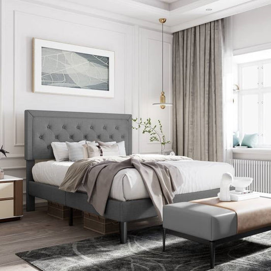 King Size Dark Grey Linen Upholstered Platform Bed with Button-Tufted Headboard - Tampa Home & Garden Store