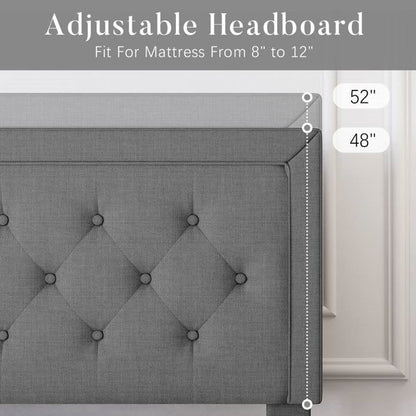 Cama King Size de plataforma tapizada en lino gris oscuro con cabecero capitoné