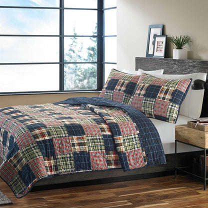 Juego de colcha reversible King size de cuadros rojos y azules de granja 100% algodón
