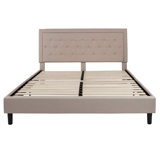King Beige Upholstered Platform Bed Frame with Button Tufted Headboard - Tampa Home & Garden Store
