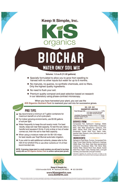KIS Organics Biochar Soil Mix by KiS Organics, water-only soil blend on Tampa Home & Garden Store