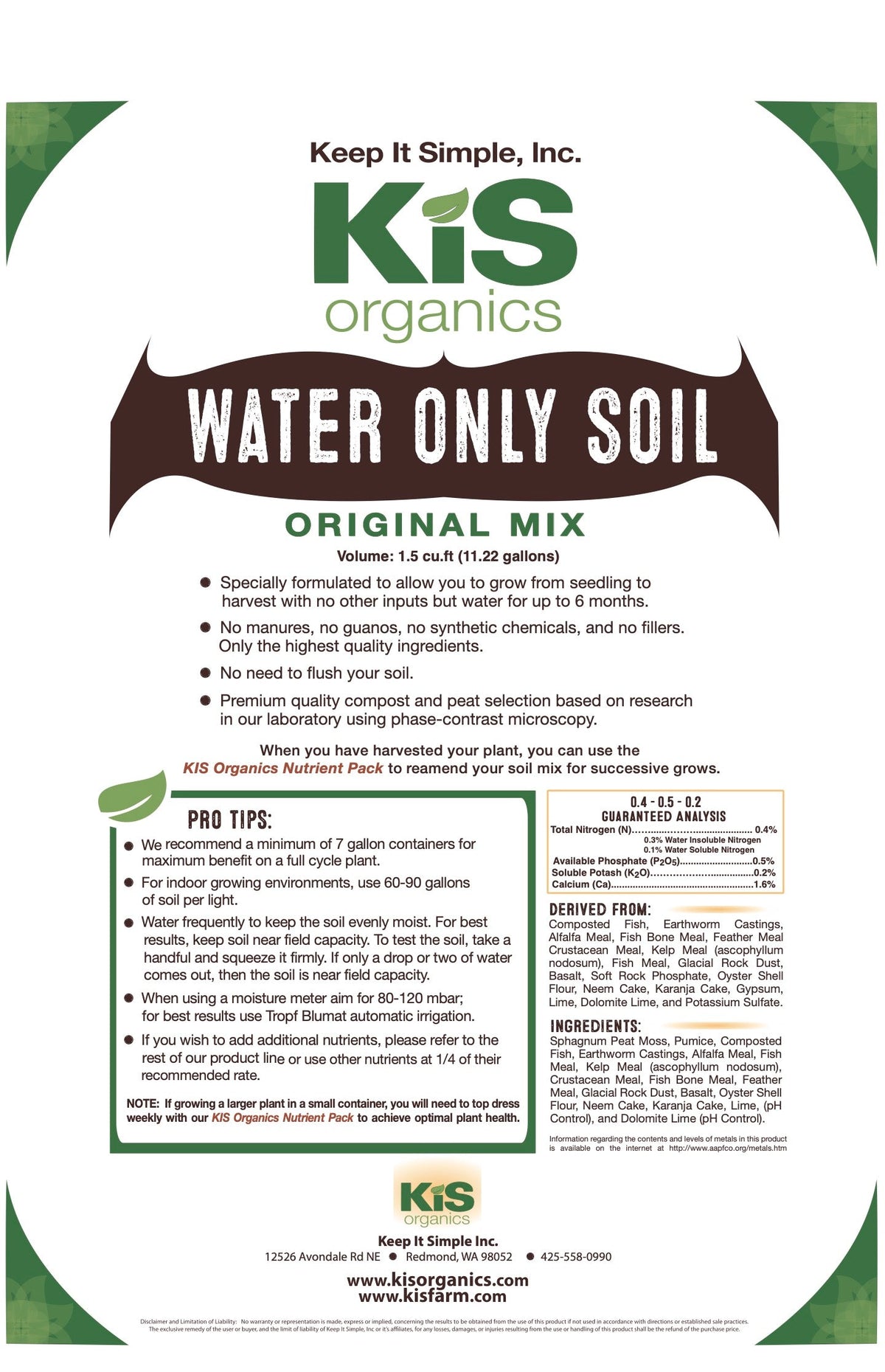 KiS Organics Water Only Soil Mix original mix 1.5 cu ft bag label on Tampa Home & Garden Store