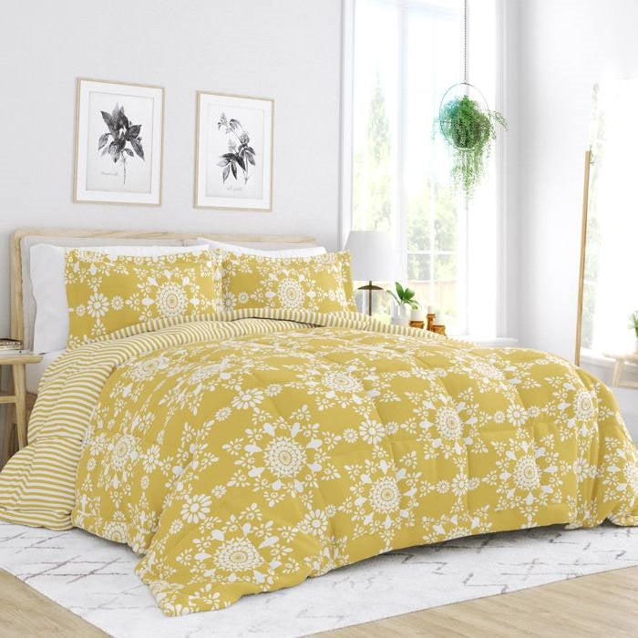 Juego de edredón King Size de 3 piezas reversible amarillo con medallón de margaritas y rayas