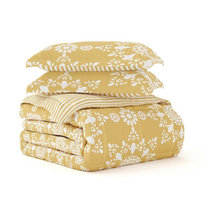 Juego de edredón King Size de 3 piezas reversible amarillo con medallón de margaritas y rayas