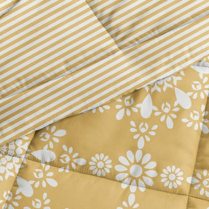 Juego de edredón King Size de 3 piezas reversible amarillo con medallón de margaritas y rayas
