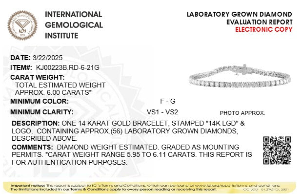 IGI Certified 14K White Gold Lab-Grown Diamond Tennis Bracelet 6.0 Cttw, Bids.com on Tampa Home & Garden Store