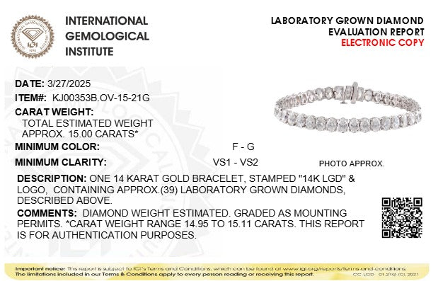 IGI certified 14K white gold oval-cut lab-grown diamond tennis bracelet by Bids.com, 15.0 cttw on Tampa Home & Garden Store