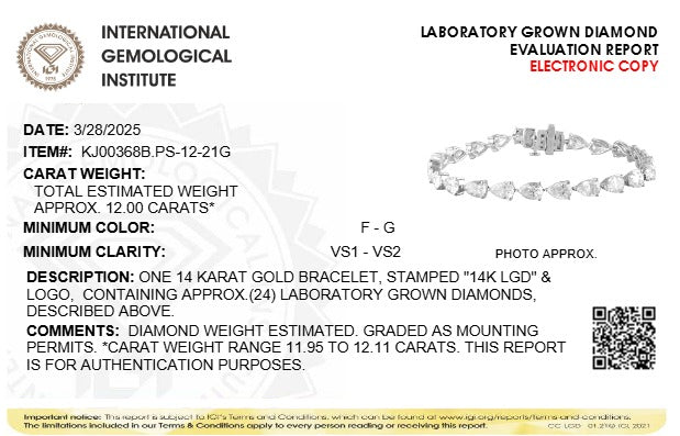 Bracelet IGI Certified 14K White Gold Lab Grown Diamond Tennis Bracelet 12.0 Cttw Pear Cut on Tampa Home & Garden Store