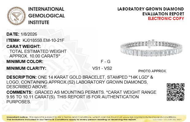 Tennis bracelet IGI-certified 14K white gold emerald-cut lab-grown diamonds, 10.0 ctw, IGI report on Tampa Home & Garden Store