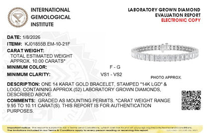 Tennis bracelet IGI-certified 14K white gold emerald-cut lab-grown diamonds, 10.0 ctw, IGI report on Tampa Home & Garden Store