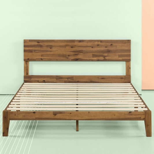 King size Modern Wood Platform Bed Frame with Headboard in Medium Brown - Tampa Home & Garden Store