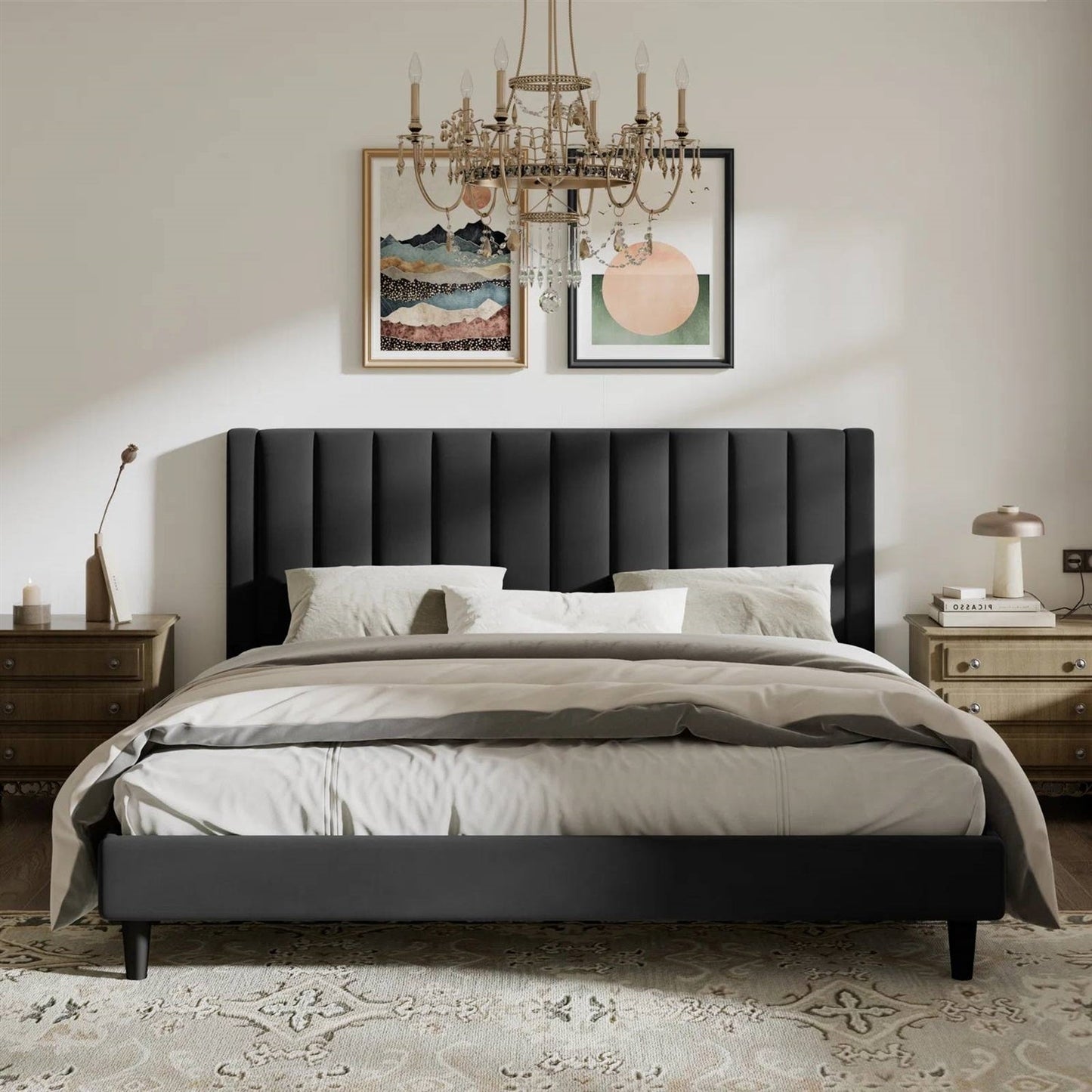 Base de cama tamaño King con plataforma tapizada en terciopelo negro y cabecera
