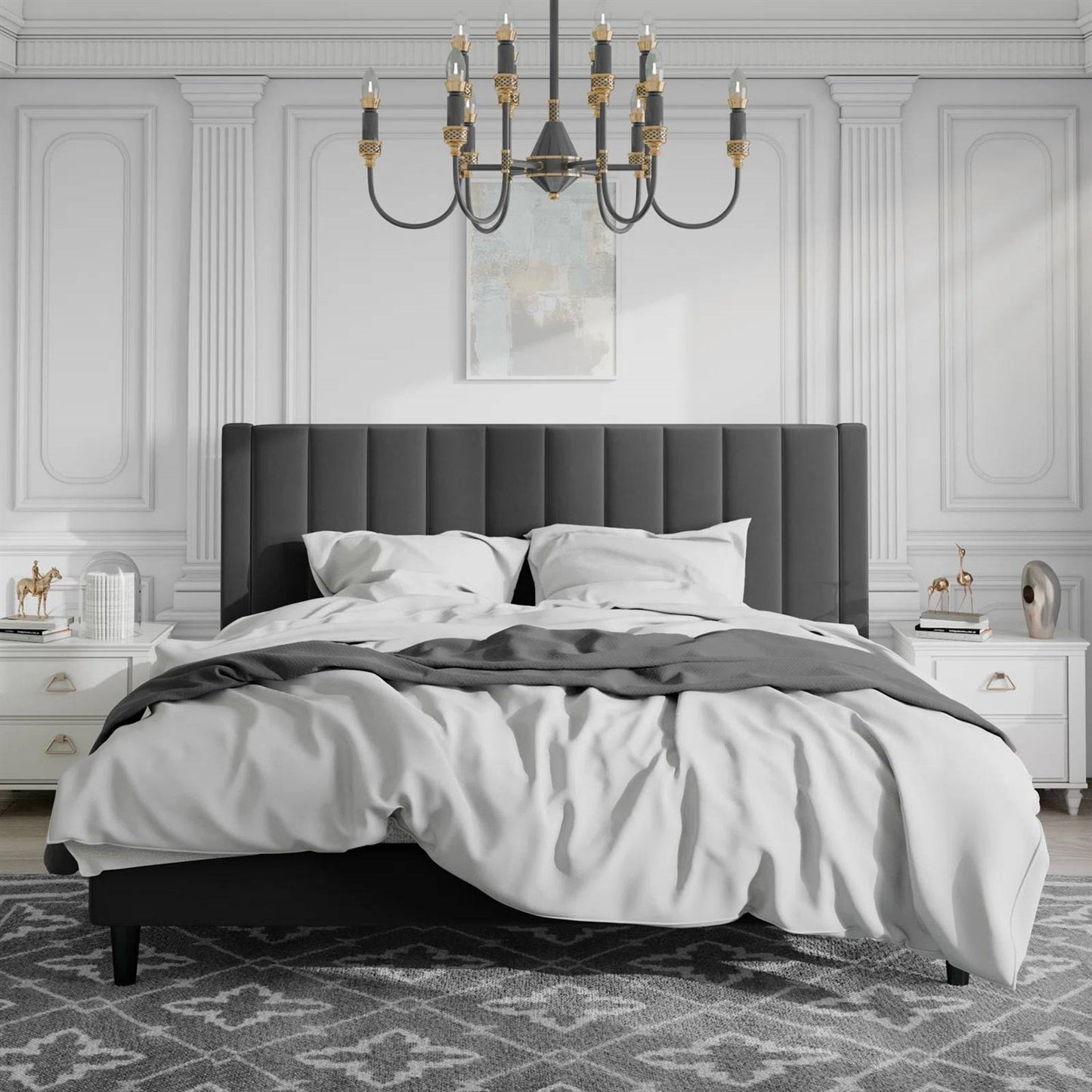 Base de cama tamaño King con plataforma tapizada en terciopelo negro y cabecera