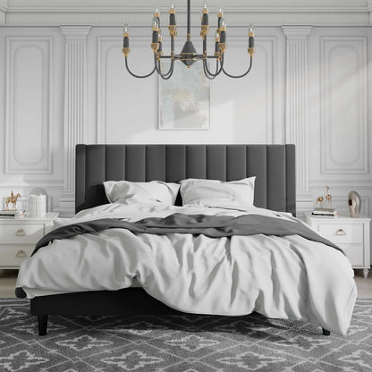 Base de cama tamaño King con plataforma tapizada en terciopelo negro y cabecera