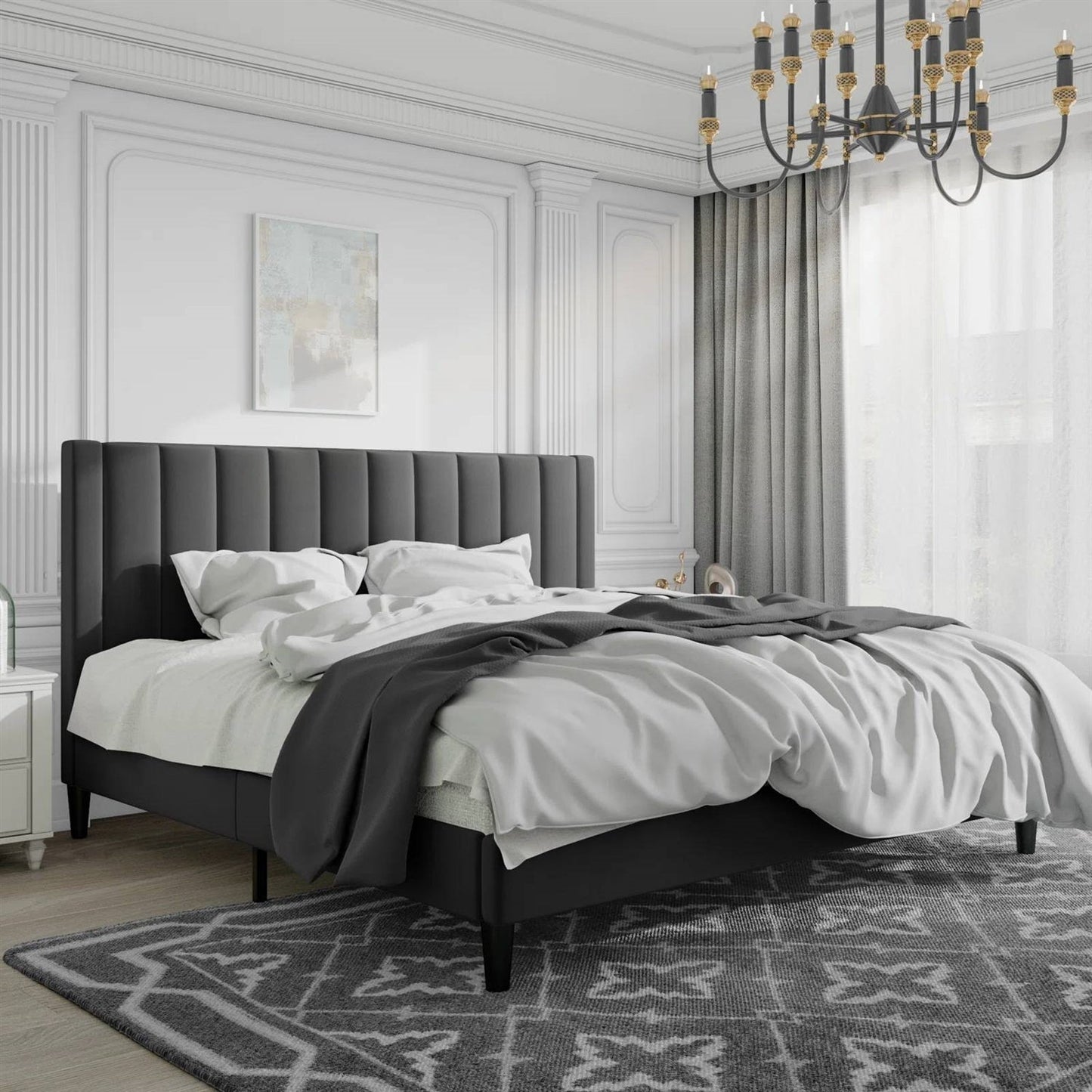 Base de cama tamaño King con plataforma tapizada en terciopelo negro y cabecera