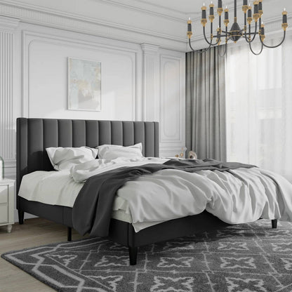 Base de cama tamaño King con plataforma tapizada en terciopelo negro y cabecera