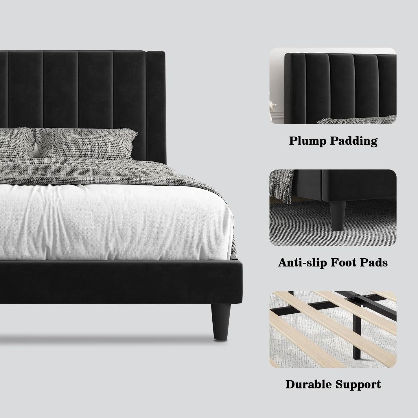 Base de cama tamaño King con plataforma tapizada en terciopelo negro y cabecera