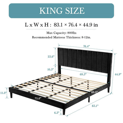 Base de cama tamaño King con plataforma tapizada en terciopelo negro y cabecera