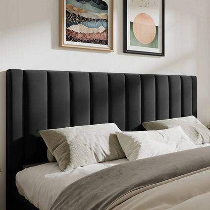 Cama de plataforma tapizada de terciopelo negro moderno tamaño King con cabecero