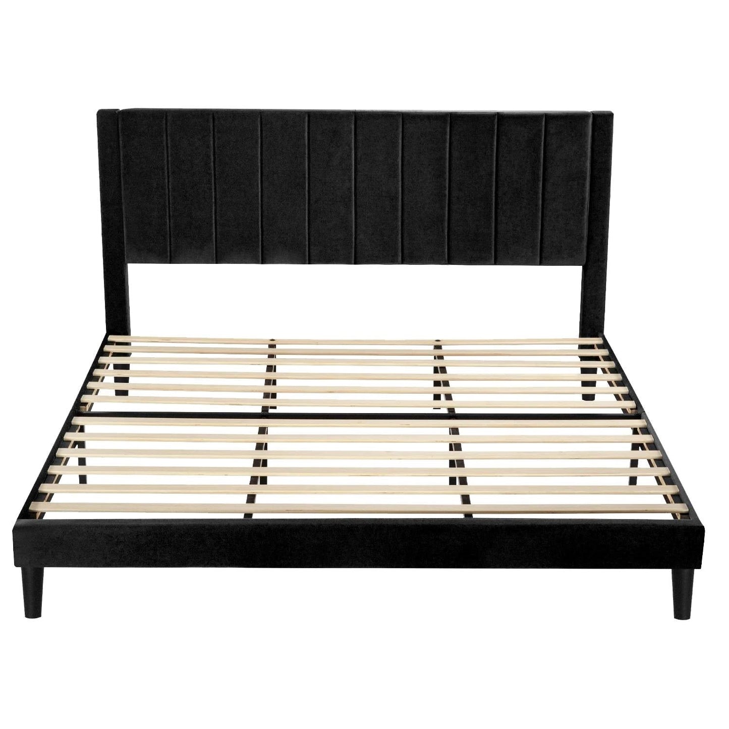 Cama de plataforma tapizada de terciopelo negro moderno tamaño King con cabecero