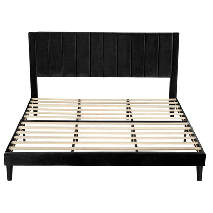 Cama de plataforma tapizada de terciopelo negro moderno tamaño King con cabecero