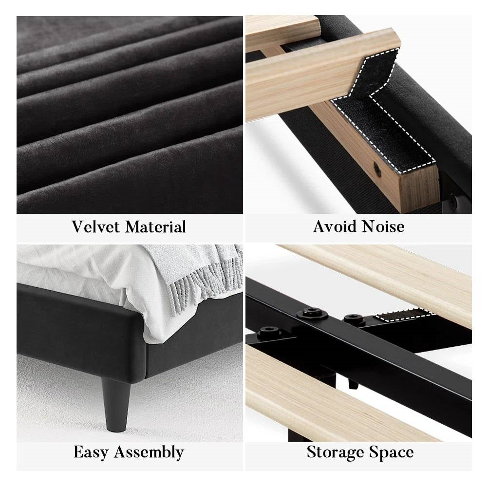 Cama de plataforma tapizada de terciopelo negro moderno tamaño King con cabecero