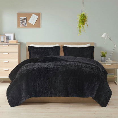 Juego de edredón de 3 piezas de piel sintética sherpa suave negra King/CAL King con fundas de almohada