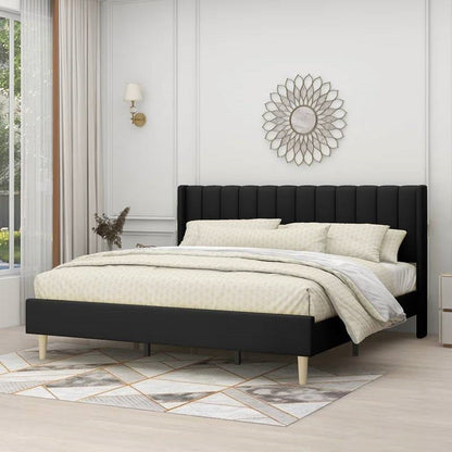 Base de cama king size de plataforma de lino negro de mediados de siglo con cabecero tapizado